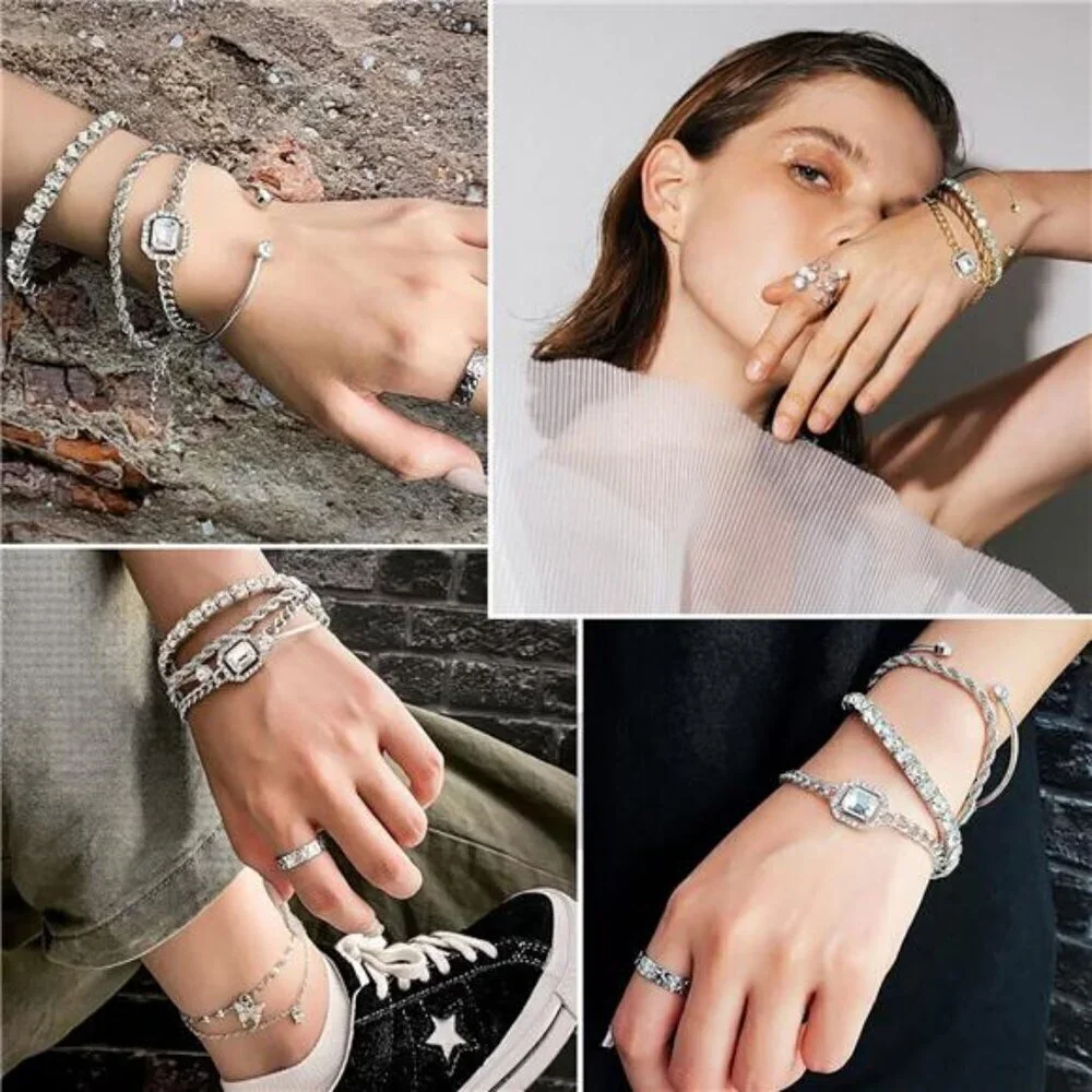 4 Piece Silver Bracelets Set Dainty for Women 14K Plated Link Cubic Zirconia